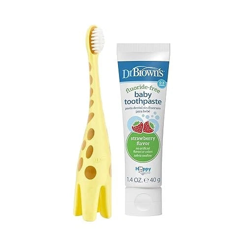 Dr Browns Baby Toothbrush and Fluoride Free Strawberry Toothpaste Set 0-3 Years