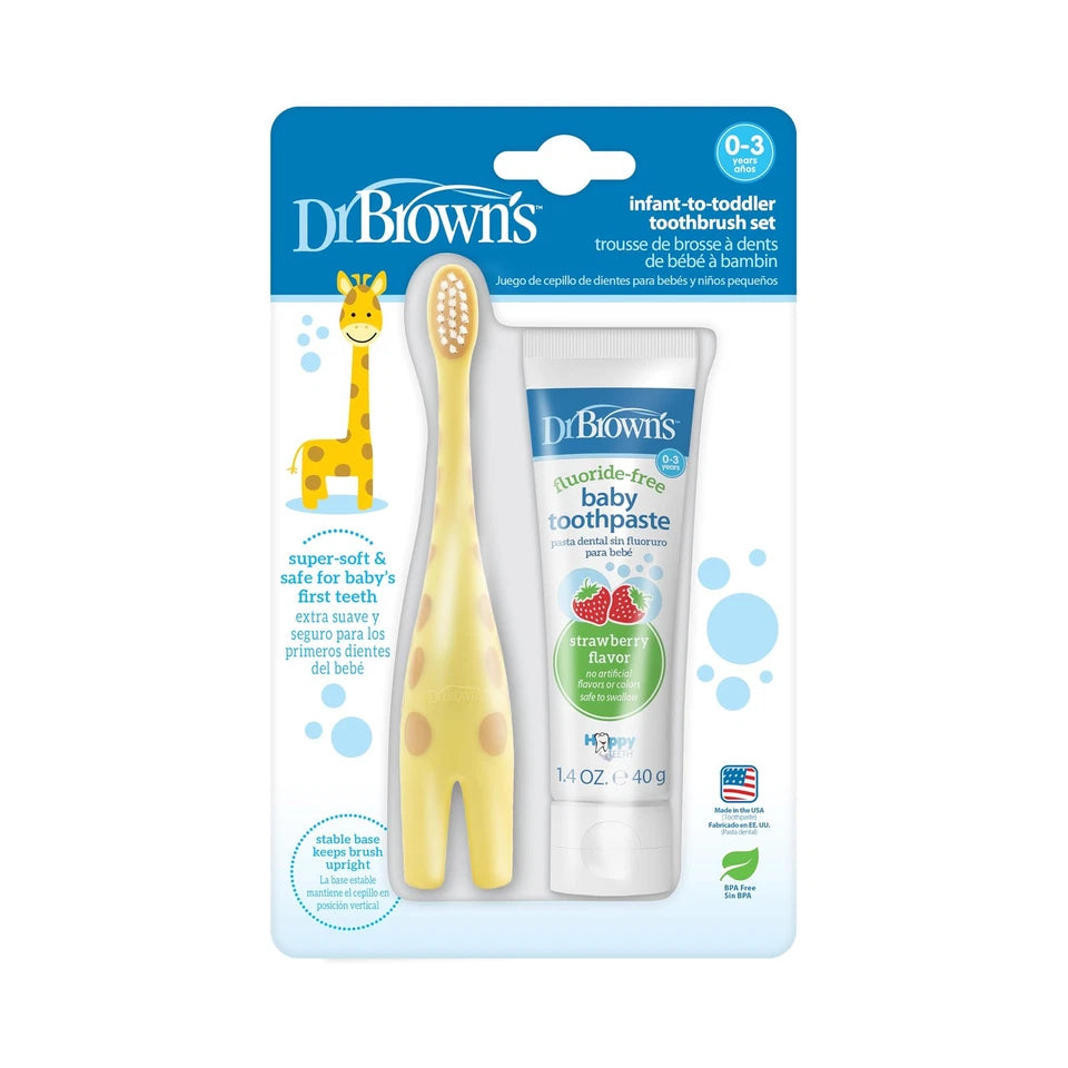 Dr Browns Baby Toothbrush and Fluoride Free Strawberry Toothpaste Set 0-3 Years